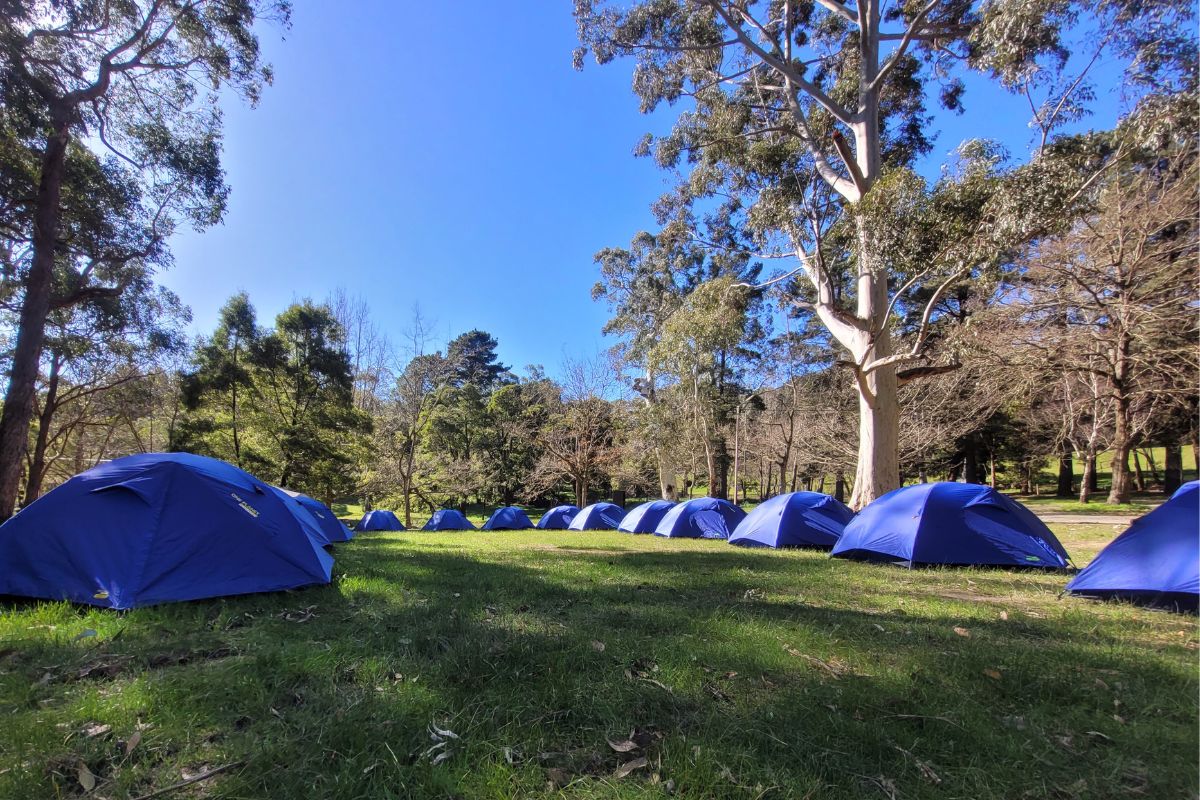 School students camping in tents at Woodhouse