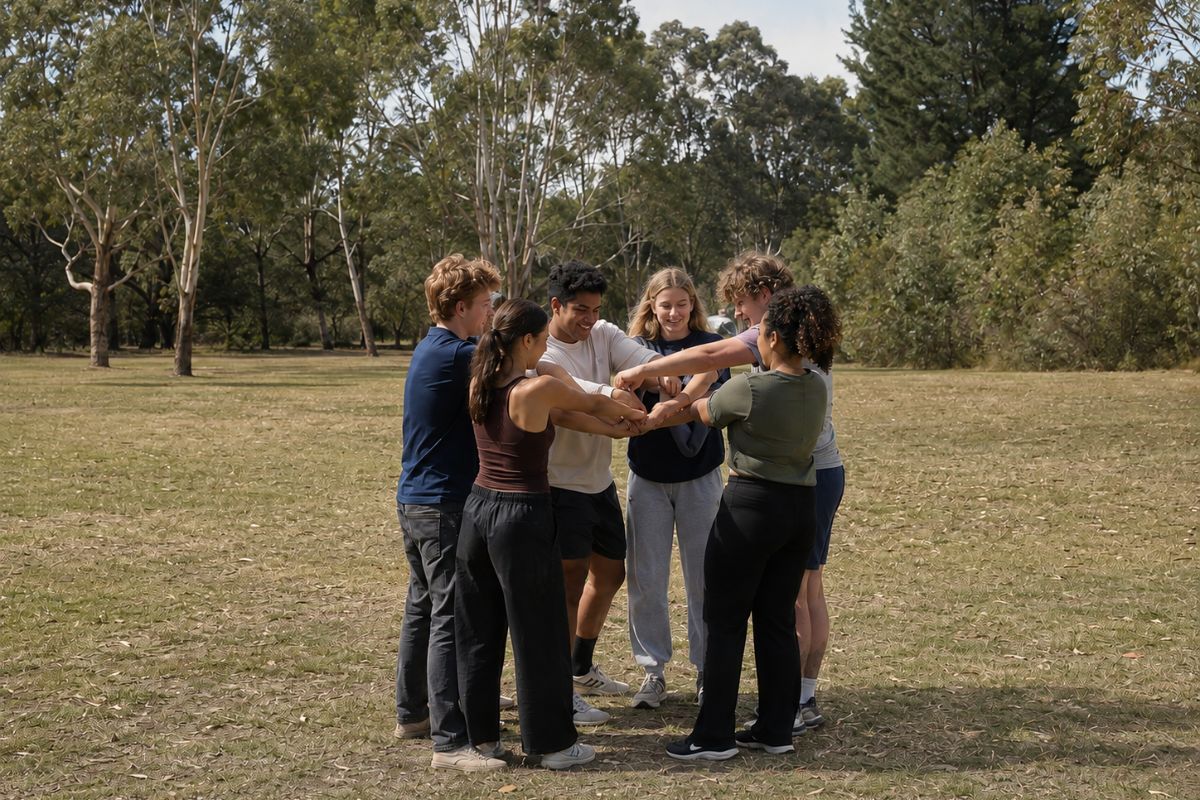 Students working together during a school camp activity at Woodhouse